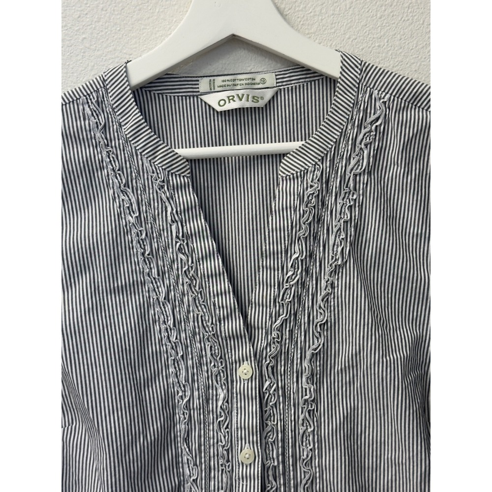 Orvis Pinstripe Ruffle Trim Button Up‎ Blouse Navy Blue White 12 Coastal Grandma - Picture 3 of 6